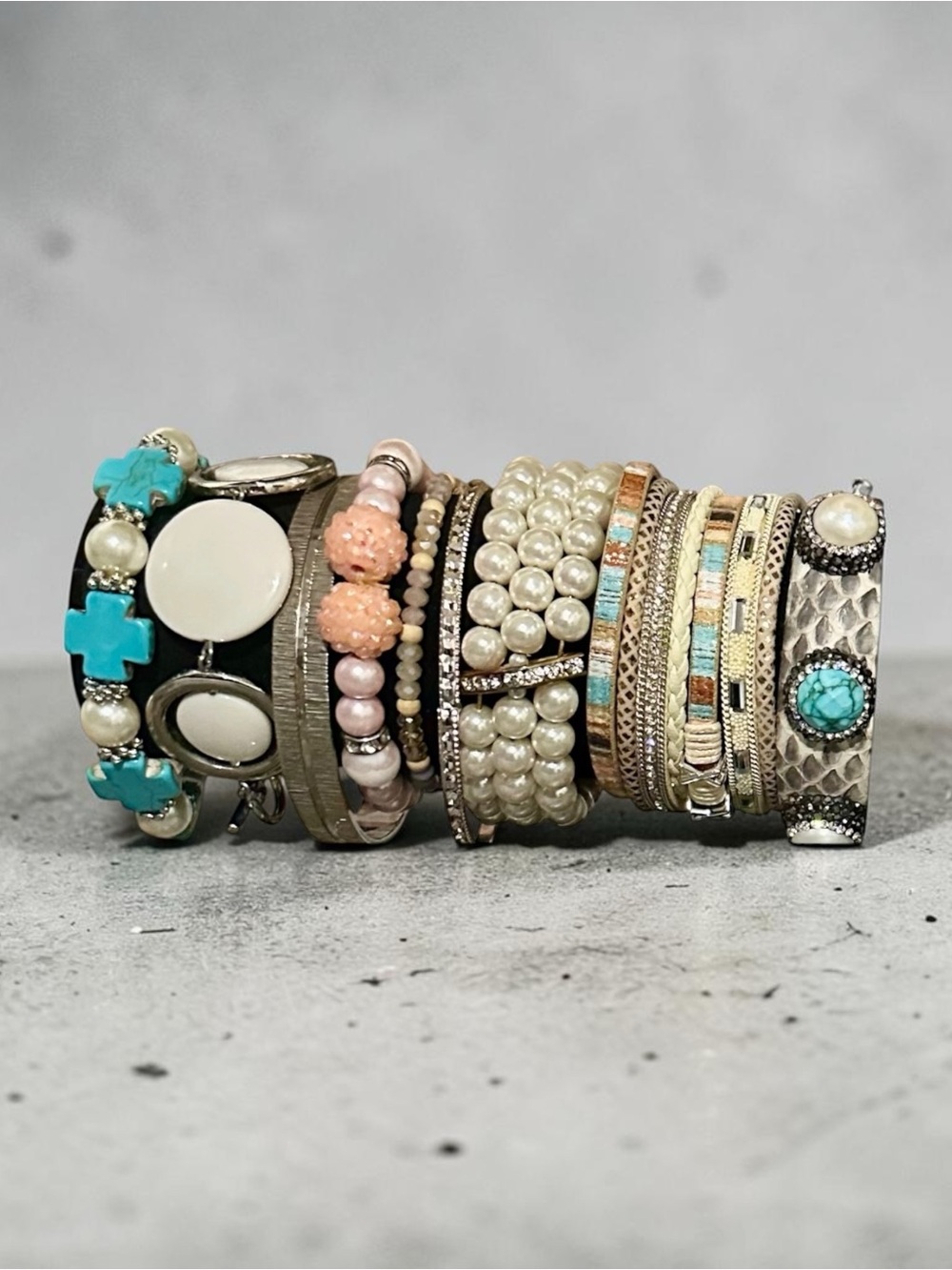 Boho Chic Bracelet Stack Set Beaded Cuff Turquoise Pearl Statement Jewelry Lot